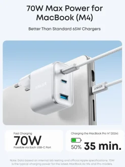 Anker Nano snabbladdare USB-C 3 portar GaN 70 W, vit