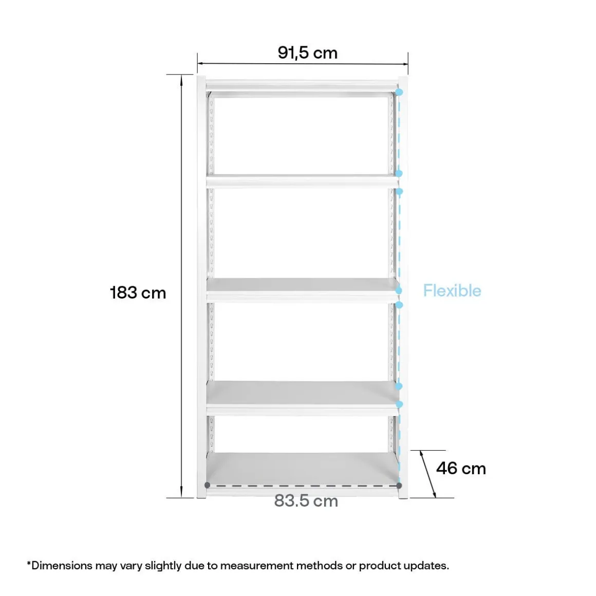 Bred hylla med 5 hyllplan, metall, 91,5x46x183 cm