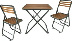 Cafeset utomhus, bord och 2 stolar, grön metall, trä