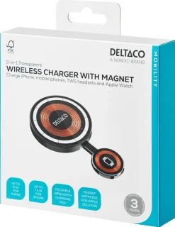 Deltaco 2-i-1 trådlös laddare med magnet, 15W