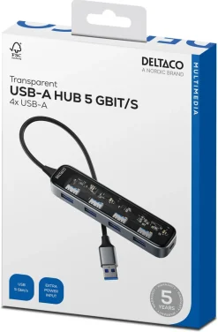 Deltaco USB-A hub med 4 portar, transparent, UH-736