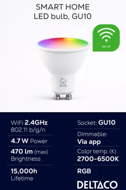 Deltaco Smart LED-lampa GU10 RGB WiFi, 4,7 W, dimbar