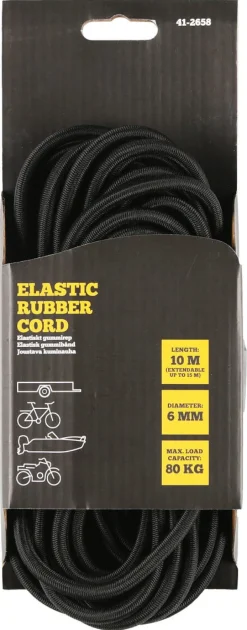 Elastiskt gummirep, svart, 6 mm x 10 m