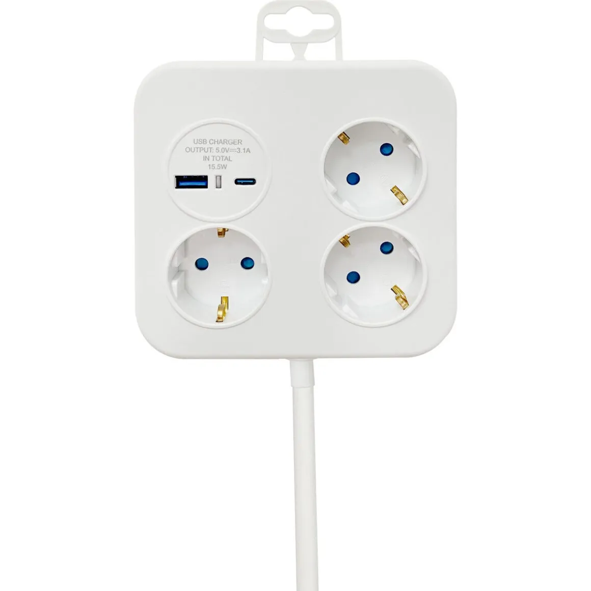Grenuttag 3-vägs med USB-A och USB-C, 1,4 meter