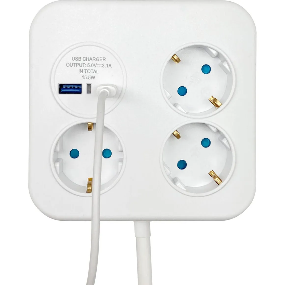 Grenuttag 3-vägs med USB-A och USB-C, 1,4 meter