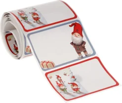 Juletiketter på rulle, motiv med jultomtar, 50-pack