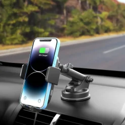 Mobilhållare bil med klämfäste och trådlös Qi, sugpropp