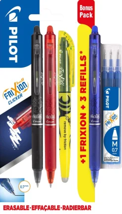 Pilot Frixion Clicker 3-pack med refill och överstrykningspenna