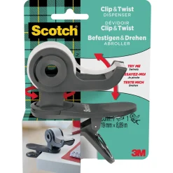 Scotch Clip & Twist tejphållare med tejp, 19 mm x 8,89 m