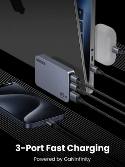 Ugreen Nexode Pro USB-C reseladdare 65 W, 3 portar
