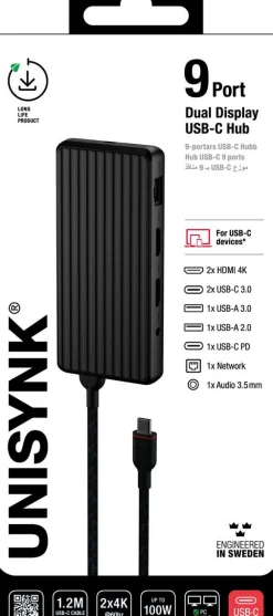 Unisynk USB-C hub 9-portar med 2 x HDMI, USB-C mm