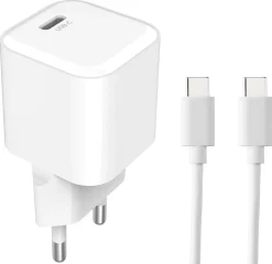 USB-C PD laddare med kabel, 1 m, 20 W, vit