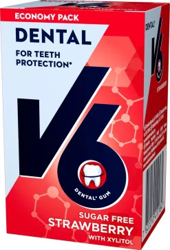 V6 Dental Care Strawberry tuggummi sockerfri, 70 g